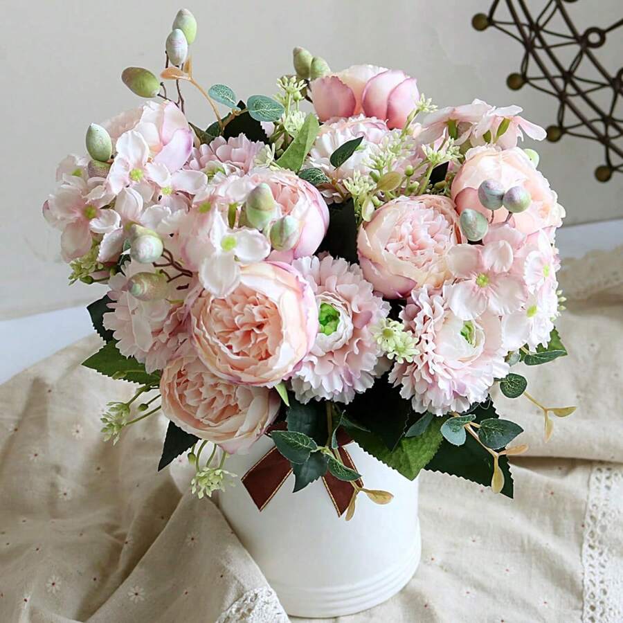 1 件/3 件人造玫瑰绣球牡丹混合花束,DIY 花环材料,婚礼装饰,生日派对,家居花瓶,户外花园装饰,圣诞礼物 - 淺粉色 - 查看 1
