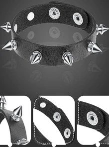 Punk Spiked Studded Bracelets Punk Leather Rivets Bracelet Cuff For Men Women Punk Rock Studded Bracelet Set, Black Leather Rivet Punk Bracelet Cuff Wrap Bangle Snap Button Metal Wristband & Gifts - Black - View 7