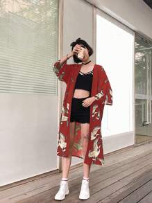 Áo choàng Kimono thời trang nhẹ in hình con sếu, Xuân/Hè, hở phía trước, dài vừa phải, Unisex, Boho, Áo choàng đi biển, Phong cách cổ điển - Đỏ - Xem 5