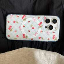 Blue Plaid Red Cherry Double Layer Magnetic Print Phone Case Compatible With IPhone 16 Pro Max/15 Pro Max/14 Pro/13 Pro/13
