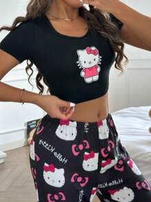 2pcs Print Women Short Sleeve Top + Elastic Waist Pants Pajama Set, Two Pieces Set - View 7
