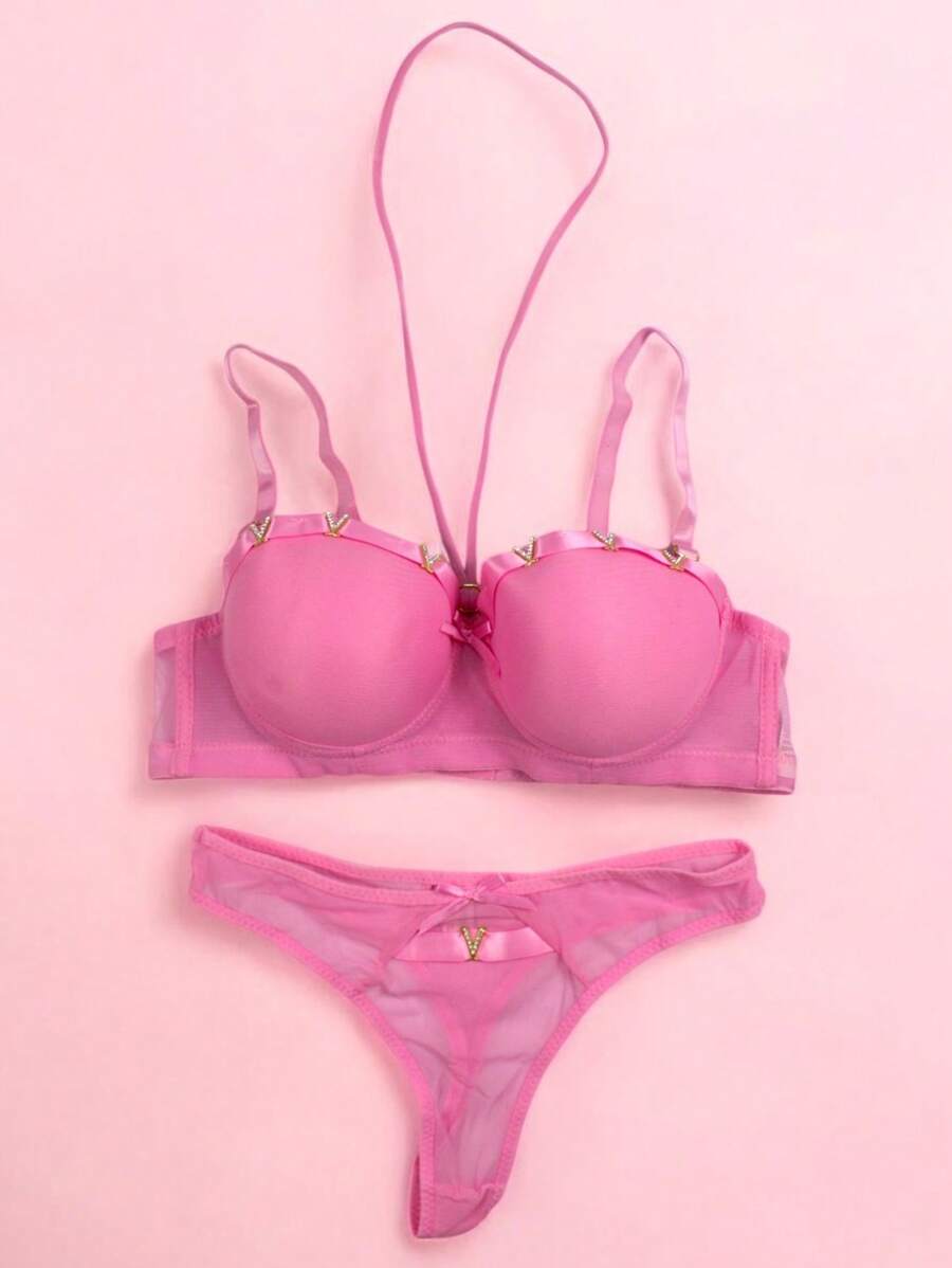 Beautiful Bra And Thong Set With Details In Mesh Fabric With Metal Appliqués, Sexy Lingerie, Various Colors, Comfortable And Of The Best Quality, Soft And Comfortable, To Show Off That Incredible Body. - 粉色 - 查看 1
