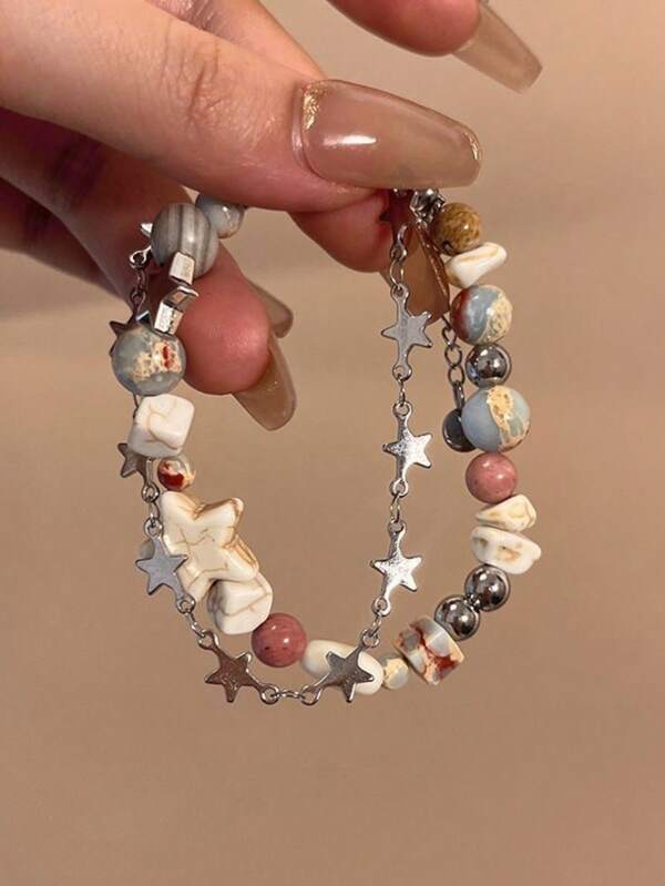 1pc Chinese Style Fashion Double Layer Natural Stone Beaded Star & Moon Bracelet, Suitable For Ladies Daily Work & Commute, Gift For Friends, Girlfriend Birthday