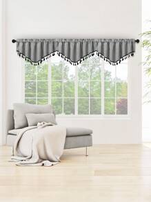 1pc V-Shaped Valance With Black Tassels, Japanese Minimalistic Style Faux Linen Voile Curtain Panel, Suitable For Living Room, Bedroom, Kitchen Windows And Doors, Room Divider