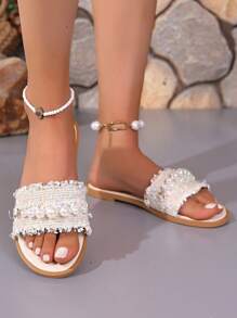 Damen Zehentrenner Sandalen, vintage perlenbestickte leichte Slip-On Sandalen