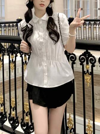 2025 夏季纯色纽扣宽松短袖衬衫