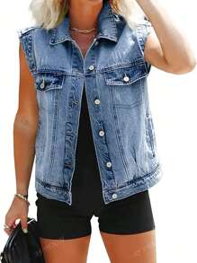 Women's Sleeveless Denim Vest With Pockets, Loose Fit, Casual, Personalized Street Style, All Seasons