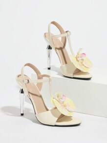 Sandales à talons hauts à bout ouvert pour femmes avec décor floral 3D, talons fins, beige, sexy, , élégantes pour les fêtes et événements