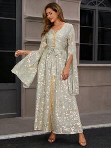 Women's Muslim Robe Ramadan Eid Party Robe Chiffon Gilded Flowers Embroidery Gold Lace Long Sleeve Floor Length Dress (With Belt) - Green - View 4