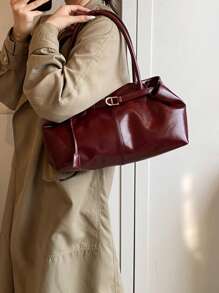 1个女士大容量手提包，PU皮革单肩包，休闲经典简约设计师商务风格包，时尚女士通勤包，黑色、白色、棕色、银色 - 酒紅色 - 查看 3