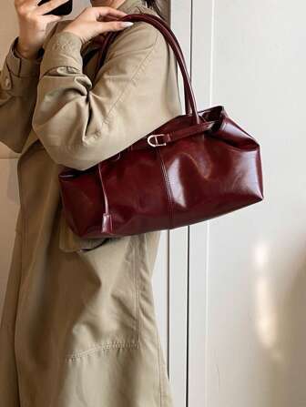 1pc Women's Large Capacity Handbag, PU Leather Shoulder Bag, Casual Classic Minimalist Designer Business Style Bag, Fashion Ladies Commuter Bag, Black, White, Brown, Silver