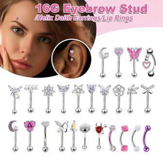 1-25Pcs Fairycore Cute Eyebrow Piercing Jewelry 16G Stainless Steel Curved Barbell Tiny Pink Butterfly Eyebrow Ring Vertical Labret Lip Jewelry Flower Ear Daith Tragus Rook Helix Earring Bear Navel Small Belly Button Ring Heart Eyebrow Lip Studs For Women Men Daily Party Wear Valentines,Mom,Mother,Mother's Day,Gift