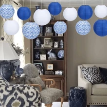 12 Peças Lanternas de Papel com Desenho Tradicional Chinês em Porcelana Azul e Branca, Adequadas para Festivais, Festas e Decoração Doméstica