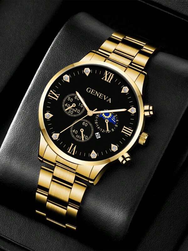 Fashion Simple Business High-End Three-Eye Calendar Digital Gold Steel Band Men's Quartz Watch Casual Men's Watch Father's Day Preferred Gift As A Gift For Students Returning To School