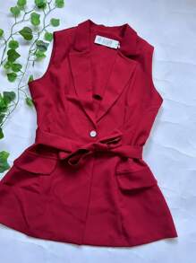 Steve Store Women's Fashion Tailored Blazer Vest Long With Formal Belt - 紅色 - 查看 4