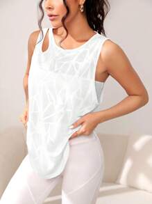 Women's Geometric Jacquard Crew Neck Casual Fitness Sport Tank Top, Perforated Arched Hem Yoga Top, Breathable White Workout Clothes For Women - White - View 5