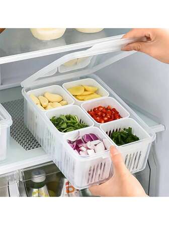 Refrigerator Storage Box, 4/6 Grid Food Vegetable Fruit Organizer Basket, Transparent Preservation Box, Onion Garlic Ginger Saving Box, Simple & Convenient Separate Compartment Container With Lid