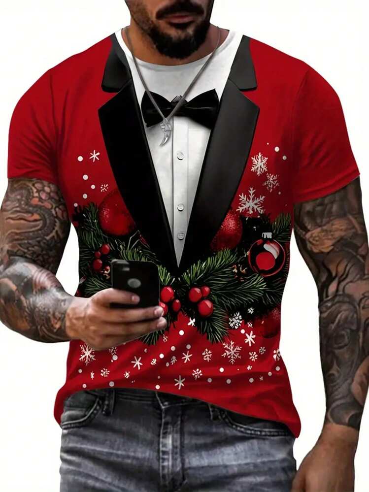 3D Print Men's T-Shirt - Casual Crew Neck Stretchy Fabric, Machine Washable - Perfect For Christmas, New Year And Halloween - Men's Version - Ideal Gift For Boyfriend Or Friend - Multicolor - View 2