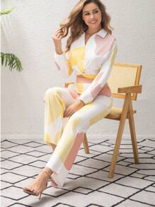 مجموعة من 2 قطعة بناطيل وجاكيت كاجوال أنيق بياقة بولو ومفصلة مناسبة للربيع والخريف - متعدد الألوان - مشاهدة 5