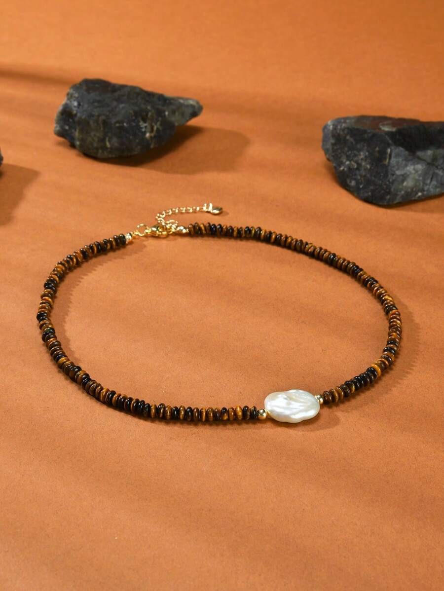 1 st. 18K vergulde natuurlijke parel en tijgeroog choker ketting voor vrouwen