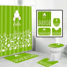 1/4pcs Colorful Rabbit, Egg, Happy Letter, Floral Print On Green Background, Easter Elements Waterproof Shower Curtain Set With 12 Hooks, Waterproof Polyester Fabric, Machine Washable, Rustproof Grommets Top, Unlined Woven Shower Curtain, Suitable For Bathroom Decor, Home Decor Bathroom Accessories