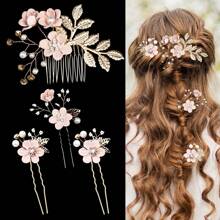 4pcs/Set Women's Hair Accessory, Gold-Tone Alloy Leaf Hairpin And Fabric Flower Comb Set, White Pearl & Rhinestone Hair Clip, Bride Wedding Hair Ornament Elegant Boho - Pink - View 14