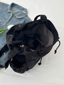 春夏新款尼龙纯色五角星装饰大容量托特包，女士单肩斜挎学生手提包，青少年艺术风格书包，女士或学生书包，非常适合看书、购物、返校等 - 黑色 - 查看 6