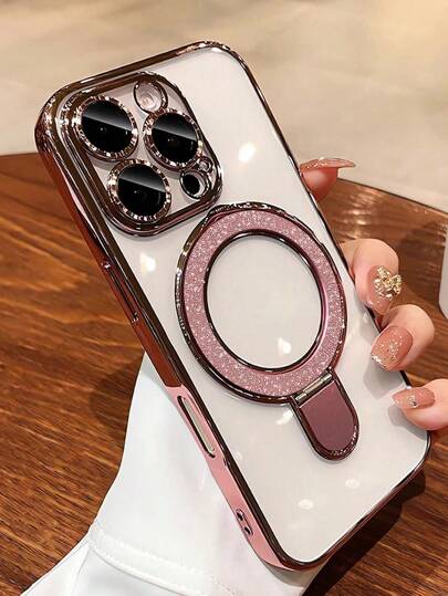 1 pezzo Custodia protettiva per telefono in silicone trasparente e placcato, con supporto scorrevole e glitter, compatibile con 15 Pro Max, 16 Pro Max, 16 Pro, 17, 17 Pro, 17 Pro Max, 11, 12, 13, 14 Pro Max, 14 Pro, 13 Pro Max, 16, 16e, S24, S24 Ultra, S25, S25 Ultra, supporta la ricarica senza fili