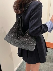 グリッター キラキラ、スパンコール、ラグジュアリー、輝くラインストーンデコレーション ホーボーバッグ、高級感、フェイクパール、パーティー、女性、花嫁 パーティー、結婚式、プロム、ディナー/バンケット、カクテルクリスマスギフト 秋冬用ショルダーバッグ - ブラック - チェックする 7