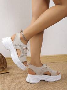 女士镂空网眼休闲运动凉鞋 - 米色 - 查看 4