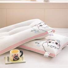 1pc Grade A Cute Embroidered Lucky Cat Couple Pillow, Filled With High-Elastic Fiber, Skin-Friendly And Comfortable For Sound Sleep, Scientifically Designed Zoned Support For Multiple Sleeping Positions, Highly Antibacterial, Bedding 3D Pillow