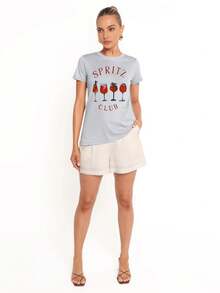 Cocktail Glass & SPRITZ CLUB Lettering Graphic Casual Fit Vintage Short Sleeve T-Shirt Vacation For Women Summer Tops In Light Gray - Light Grey - View 3