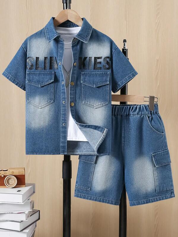 Tween Boy Fashion Shirt Collar Print Pocket Contrast Color Short Sleeve Denim Shirt + Contrast Color Denim Shorts 2pcs Set, Spring/Summer