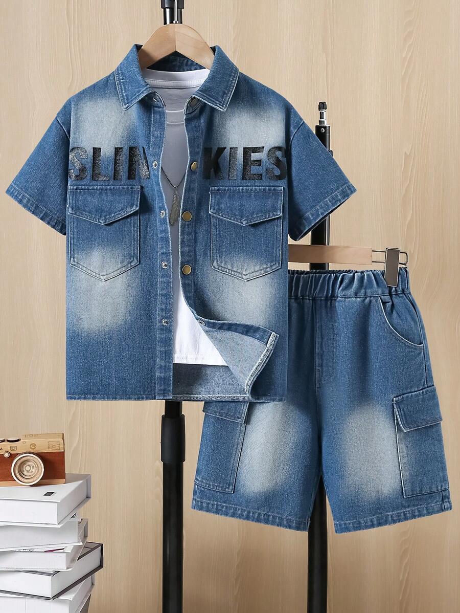 青少年男孩时尚衬衫领印花口袋撞色短袖牛仔衬衫 + 撞色牛仔短裤 2 件套，春夏