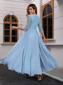 女士伴娘礼服雪纺九分袖蕾丝优雅超长晚礼服 - 霧霾藍 - 查看 2