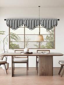 1pc V-Shaped Valance With Black Tassels, Japanese Minimalistic Style Faux Linen Voile Curtain Panel, Suitable For Living Room, Bedroom, Kitchen Windows And Doors, Room Divider