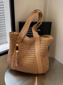 新款时尚百搭手提包，海滩度假包，轻巧优雅的设计草编波西米亚风格单肩包，手提包，大容量，适合女性、大学生、青少年，配有流苏吊坠 - 卡其色 - 查看 12