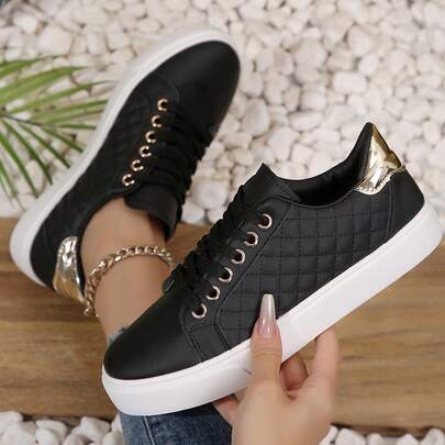 Women's Black Lace-Up Flat Non-Slip Round Toe Casual Sports Shoes, Multiple Colors, Spring/Autumn