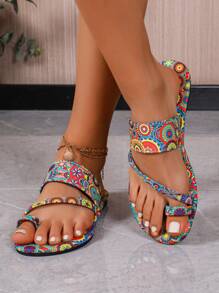Women's Bohemian Style Sunflower Pattern Hook And Loop Design Flat Sandals, European & Fashion, Casual, Retro, Peep Toe