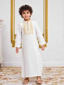 Tween Boys' Loose White Long Sleeve Long Robe - White - View 3