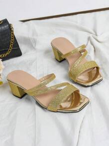 女士时尚闪光装饰带高跟凉鞋，闪亮粗跟鞋，适合派对礼服和舞蹈，夏季 - 金色 - 查看 2