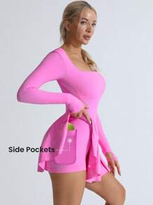 TCVC Women's Seamless Knitted Sports Pocket Dress, Solid Color Cross Back, Long Sleeve Square Neck Tennis Dress For Indoor And Outdoor Sports, Yoga, Skin-Friendly Fabric, Slim Fit For Figure Shaping