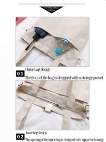 Customizable Name Embroidered Canvas Tote Bag, Suitable For Shopping, School, Student Supplies, Women High-End Diagonal Canvas Crossbody Bag, New Commuter Shoulder Tote Bag, School/Study Supplies Bag - Multicolor - View 5