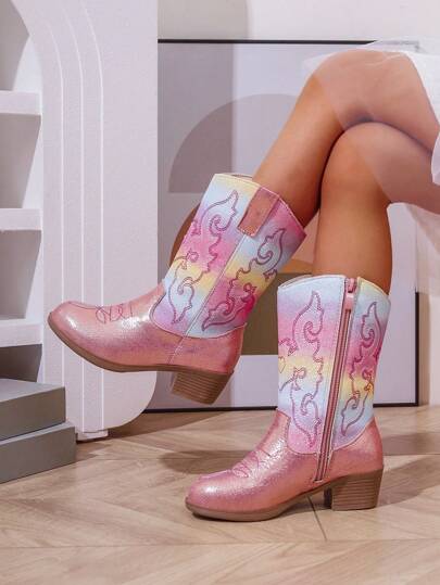 Children's Rainbow Embroidered Fashion Western Boots, Knee-High Boots, Cowboy Boots, Pointed Toe Chunky Heel Side Zipper, Lightweight Mid-Calf Fashionable Boots, Children's Cowboy Boots, Costume Boots