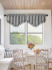 1pc V-Shaped Valance With Black Tassels, Japanese Minimalistic Style Faux Linen Voile Curtain Panel, Suitable For Living Room, Bedroom, Kitchen Windows And Doors, Room Divider