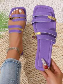Women's Summer New Slip-On Square Toe Flat Anti-Slip Wear-Resistant Gold Stripe Hollow Open Toe Purple Slippers, Match With Dresses, Leggings, Casual Pants, Shorts, Mini Skirts, Slip-On Sandals For Women, Spring, Summer, Autumn, Valentine's Day, Mother's Day, Holiday Party, Fashion Casual, Elegant, Minimalist, Romantic, Cute, Vacation, Travel, Daily Match, Beach Shoes, Women's Fashion Flat Purple Sandals