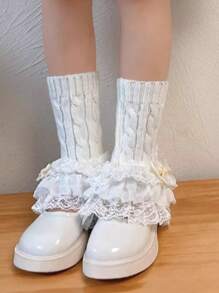1 Pair Children's Lolita Style Lace Trim Bow Decor Braided Leg Warmers