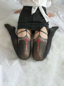 1 Pair Sexy Contrast Red Edge Thigh High Stockings With Garter Belt