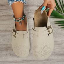 Lightweight Comfortable Non-Slip Casual Slip-On Sandals With Elegant Printed Upper Design, Suitable For Outdoor All Seasons, Round Toe Flat Slippers For Women