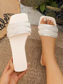 Ruched Rhinestone Decor Casual Slippers For Women, Square Toe Flat Strap Summer New Style Fashion Slides - White - View 3